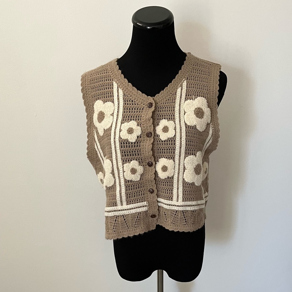 Commense Tan Floral Knit Women's Cardigan